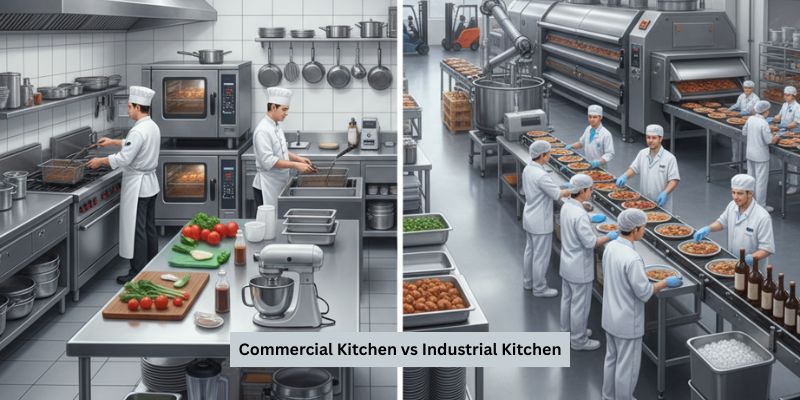 Comparison of industrial kitchen vs commercial kitchen showing differences in scale, equipment, and workflow
