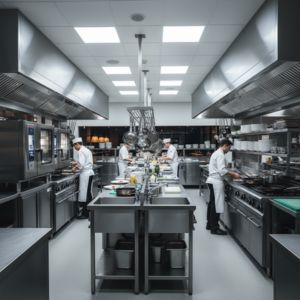 Commercial Kitchen Equipment Manufacturer in Rohini showcasing a modern, professional kitchen with stainless steel appliances, prep counters, and cooking stations.
