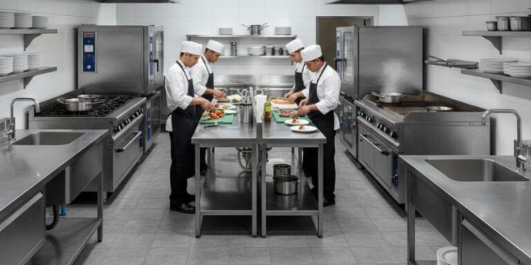 High-quality stainless steel kitchen equipment in a modern commercial kitchen, including countertops, ovens, sinks, and storage units