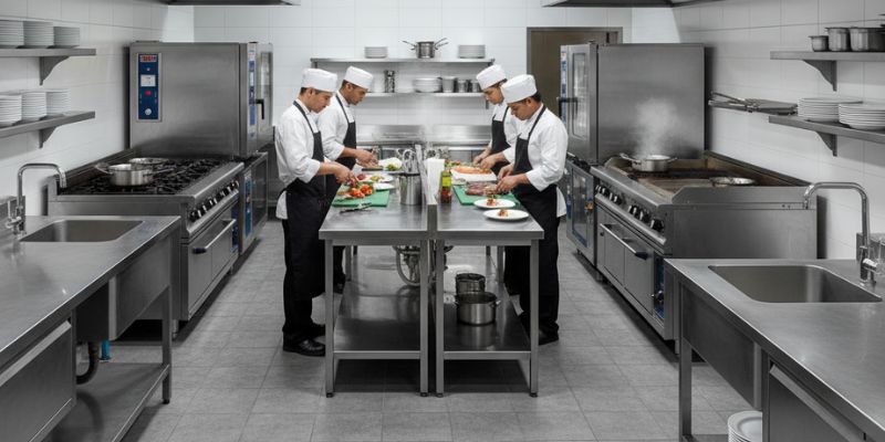 High-quality stainless steel kitchen equipment in a modern commercial kitchen, including countertops, ovens, sinks, and storage units