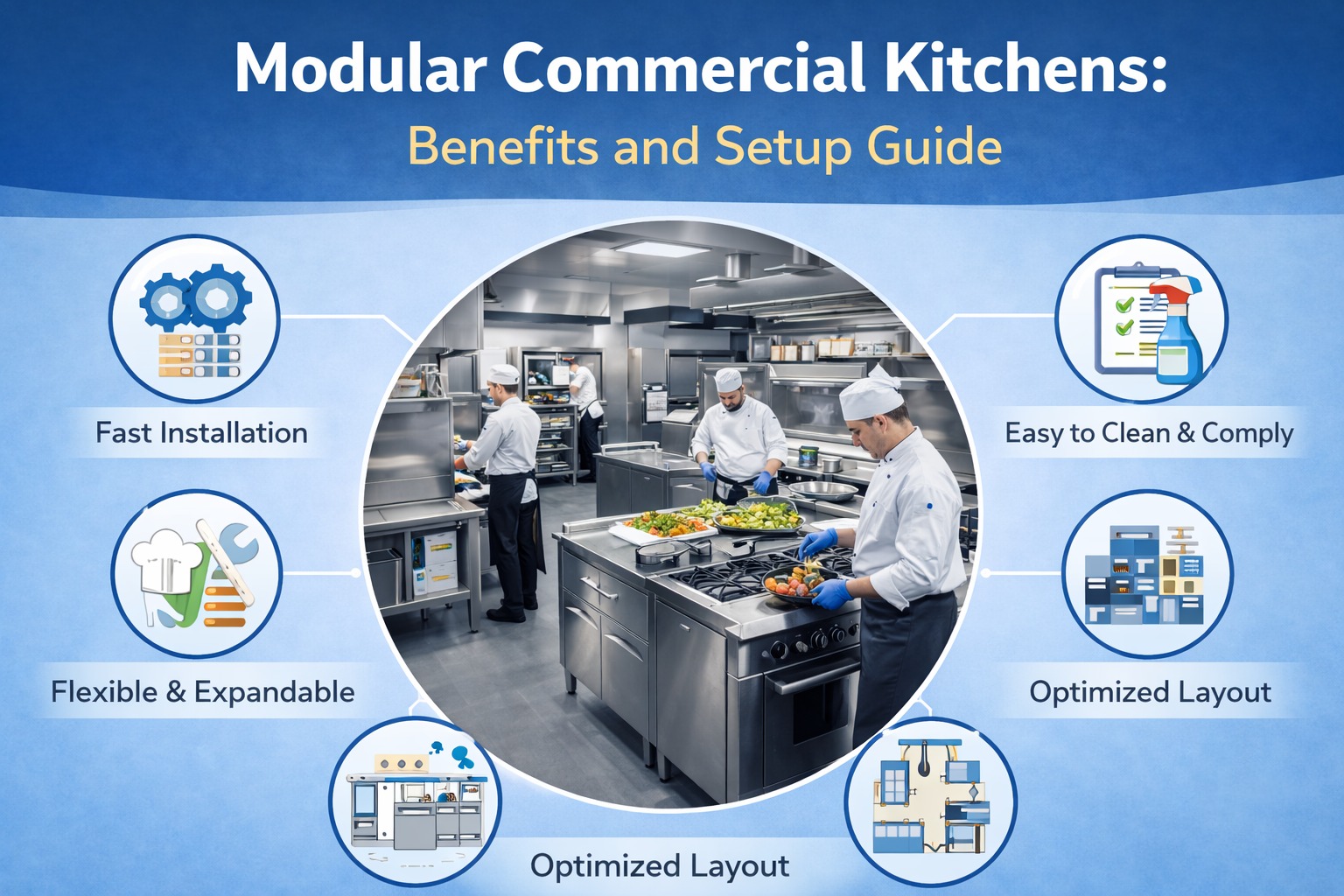 Modular commercial kitchen design showing stainless steel equipment and organized professional kitchen layout