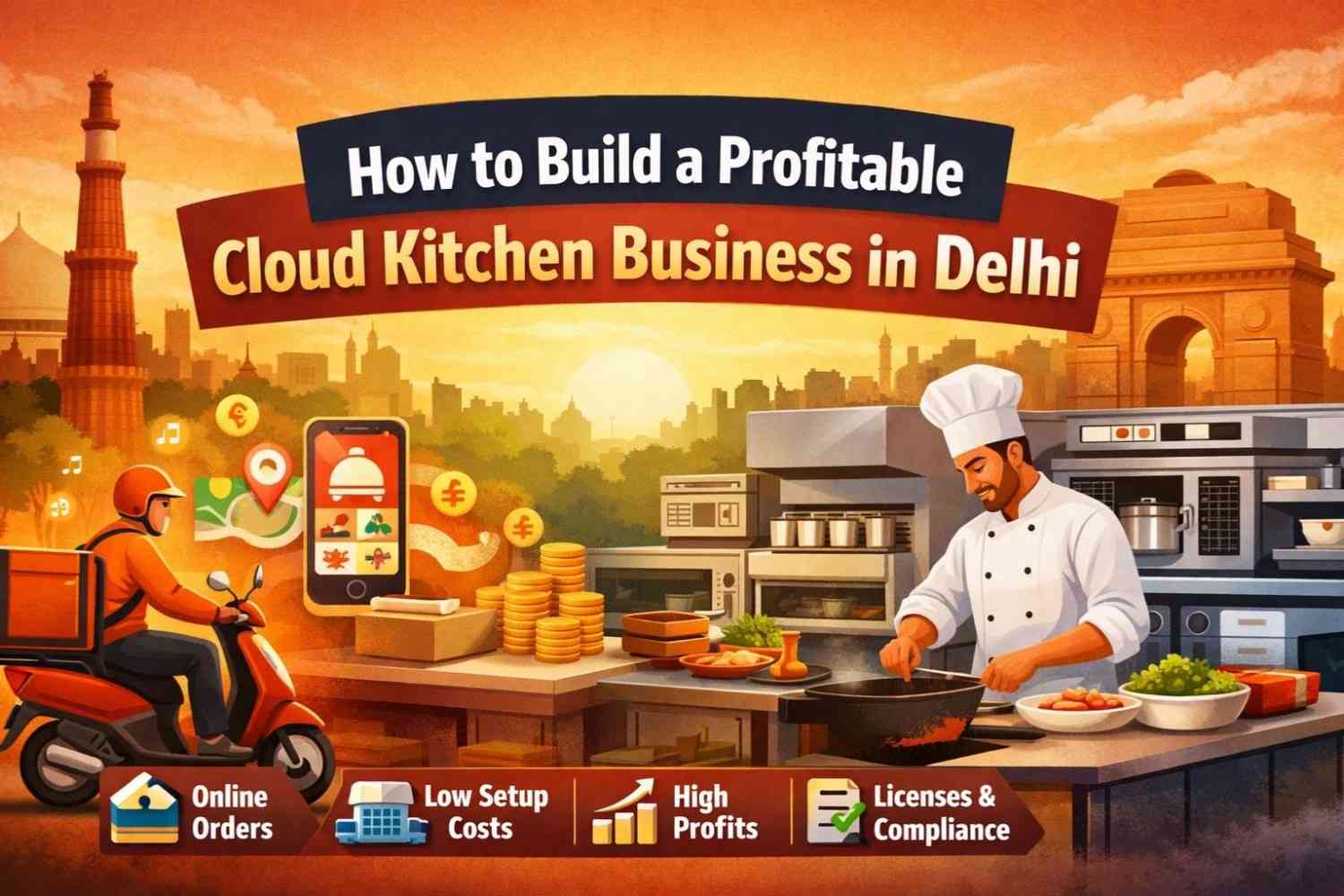 Cloud kitchen business setup in Delhi with commercial kitchen equipment and delivery-focused layout