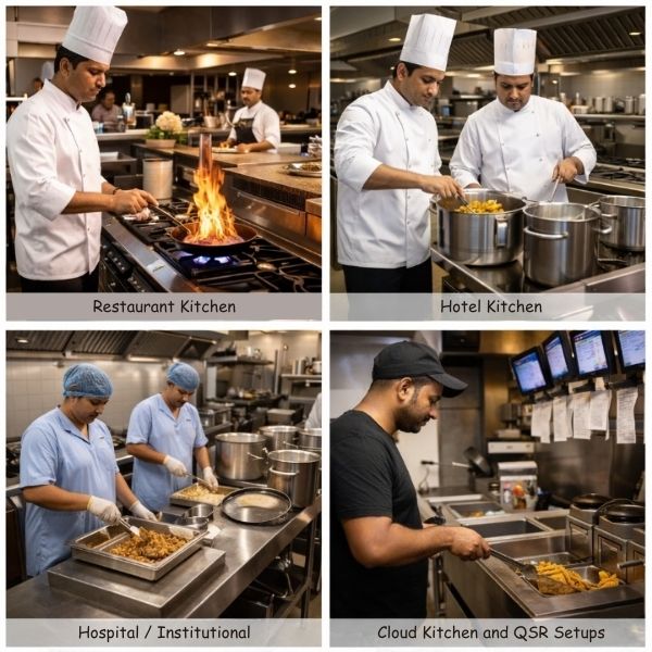 Commercial kitchen solutions designed for restaurants, hotels, hospitals, and cloud kitchens with Indian chefs working in professional setups