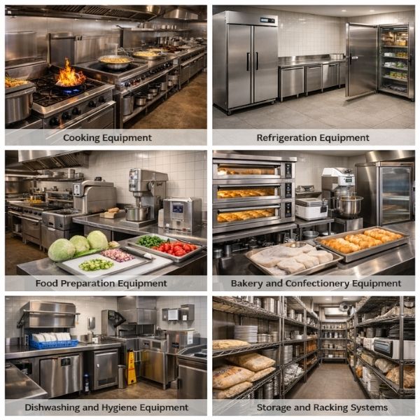 Stainless steel commercial kitchen equipment including cooking, refrigeration, bakery, dishwashing, and storage systems manufactured for professional kitchens