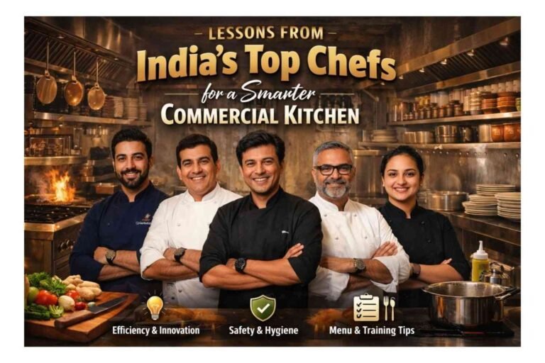 Indian famous chef demonstrating modern commercial kitchen workflow and equipment.