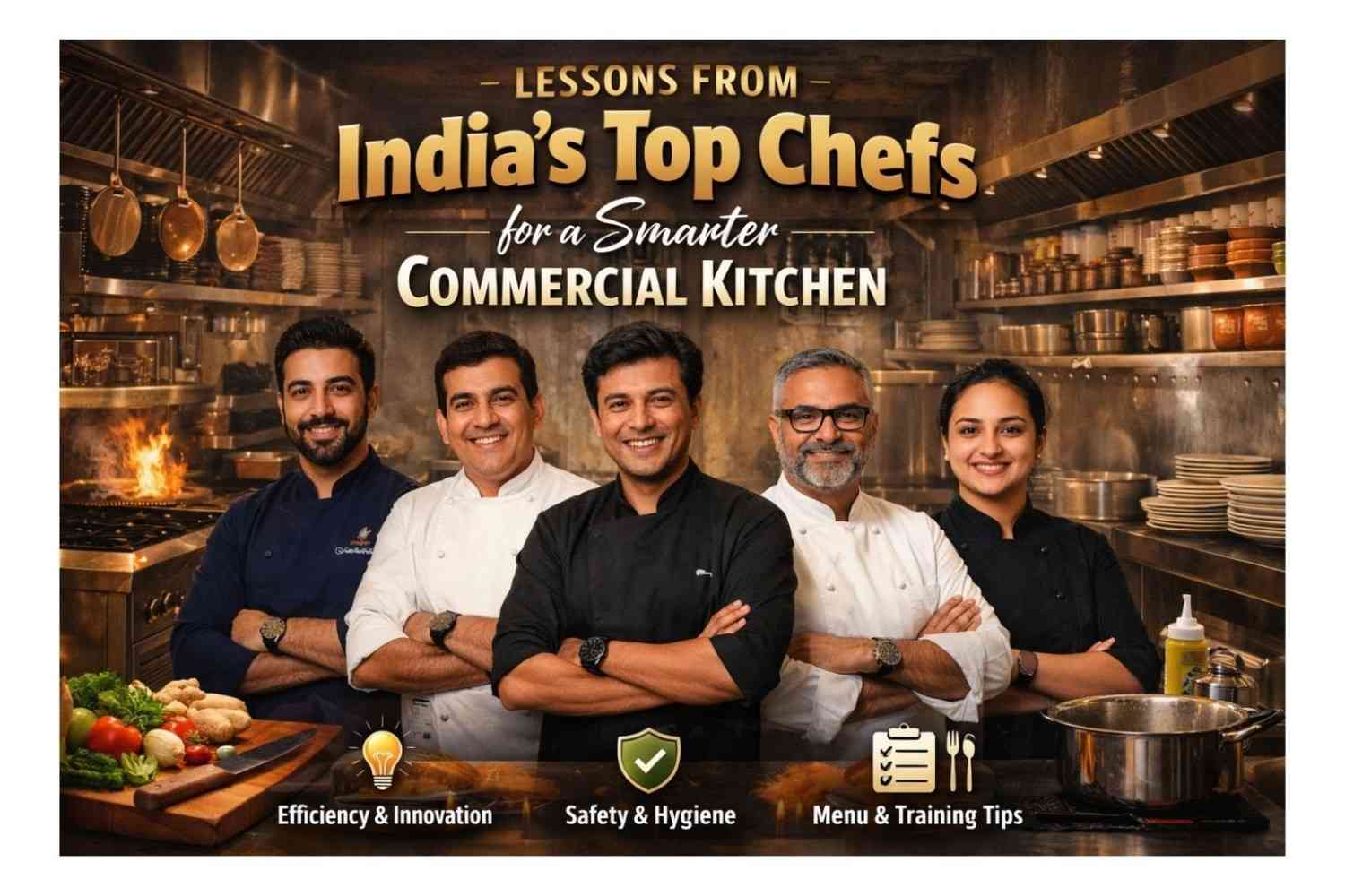 Indian famous chef demonstrating modern commercial kitchen workflow and equipment.