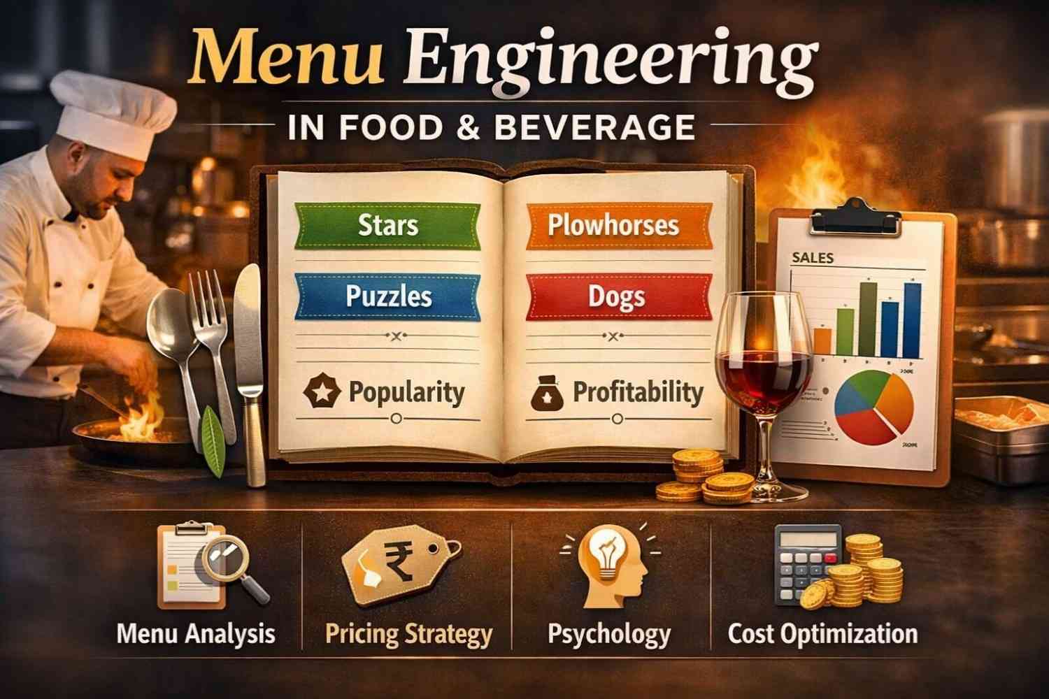 What is menu engineering in food and beverage concept showing restaurant menu analysis and profitability strategy