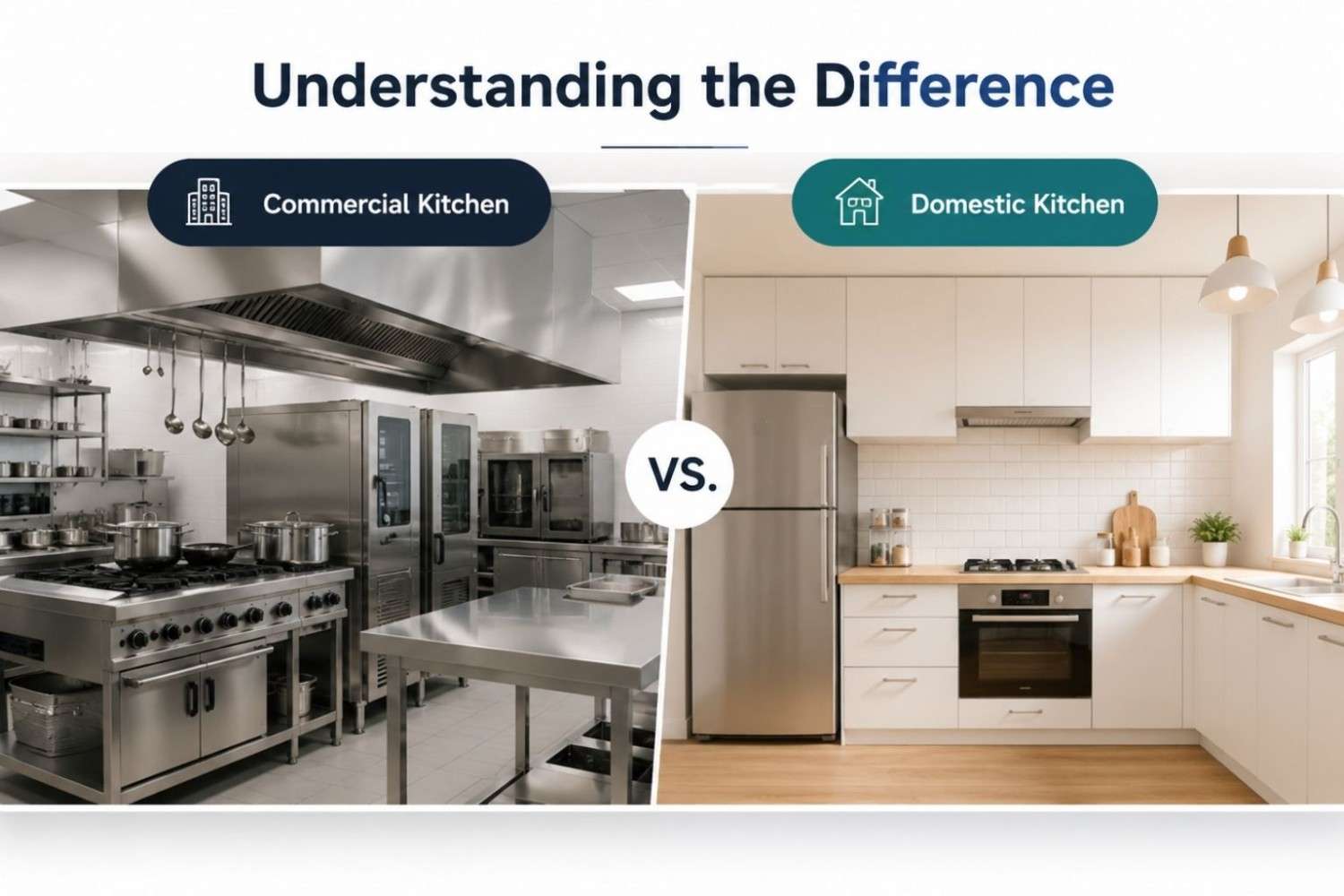 Comparison of commercial and domestic kitchen equipment showing differences in usage, durability, and kitchen workflow