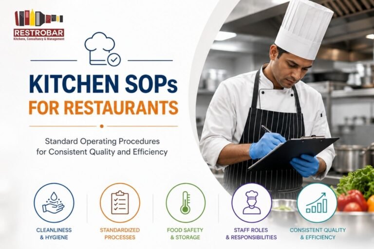 Restaurant kitchen staff following SOP checklist and food safety procedures in a commercial kitchen in India