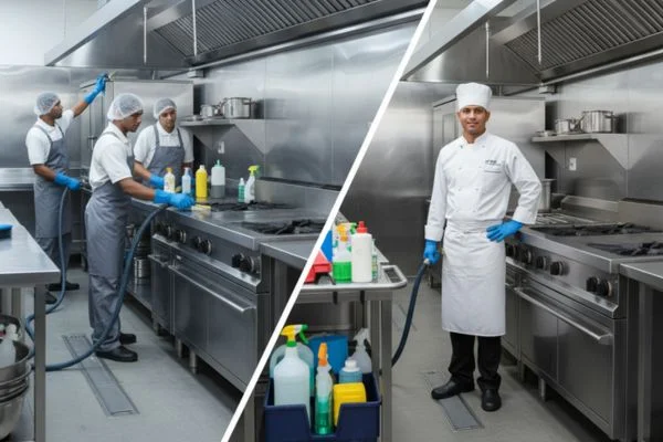 Professional cleaner sanitizing a stainless steel commercial kitchen with industrial-grade equipment